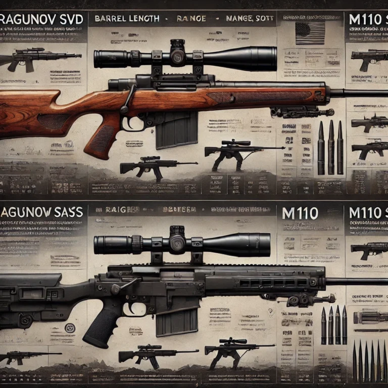 side-by-side comparison of the Dragunov SVD and M110 SASS rifles, complete with their distinctive features and specifications on a rugged battlefield background